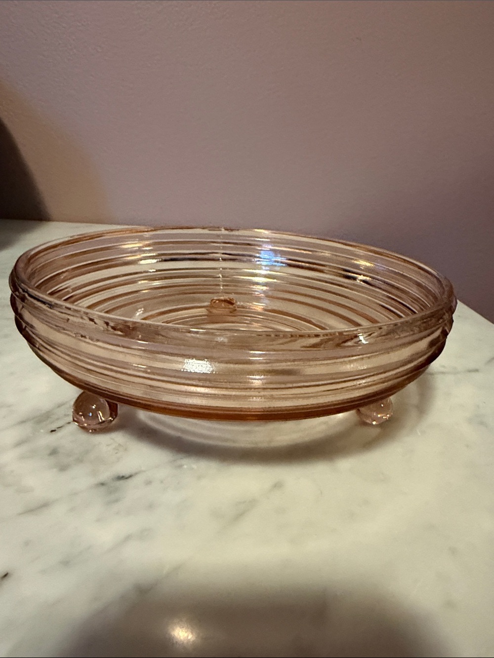 Vintage Pink Ribbed Depression Glass Pedestal Bowl